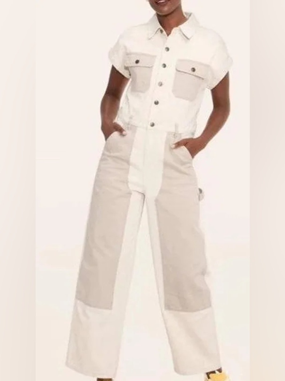 Woolrich women’s Cream and Light Taupe Two-Tone Button Down Denim Jumpsuit - Picture 13 of 13